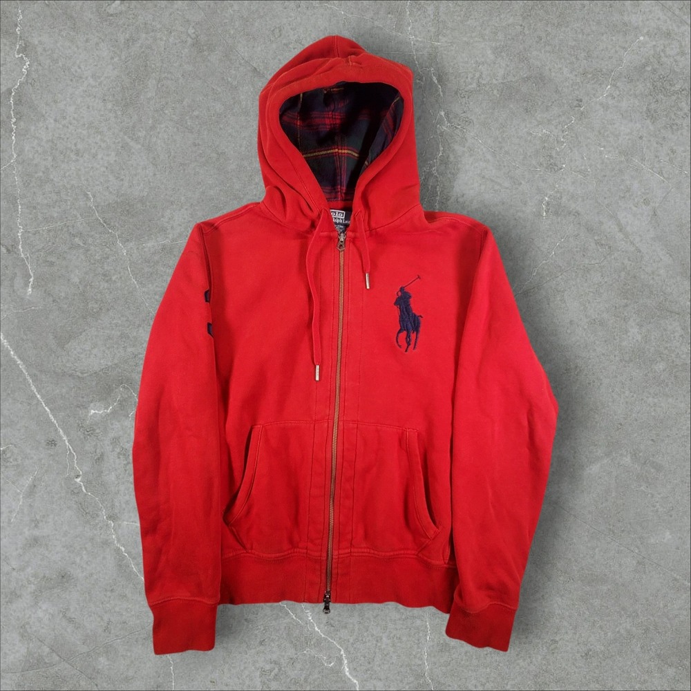 Polo Ralph Lauren Hoodie Mens Medium Red Big Pony Plaid Hood Full Zip B117
